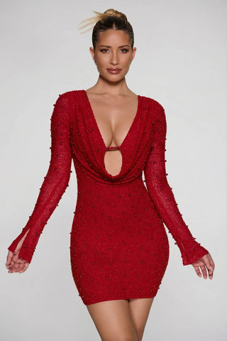 Embellished Plunge Mini Dress with Flared Mesh Sleeves
