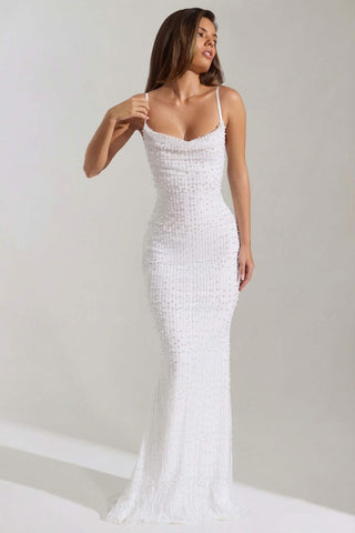 Embellished Cowl Neck Backless Maxi Dress