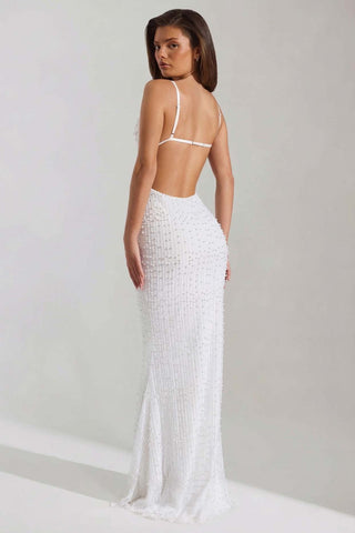 Embellished Cowl Neck Backless Maxi Dress