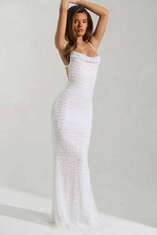 Embellished Cowl Neck Backless Maxi Dress
