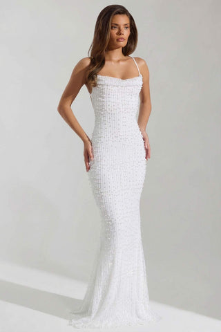 Embellished Cowl Neck Backless Maxi Dress