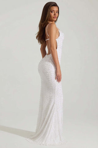 Embellished Cowl Neck Backless Maxi Dress