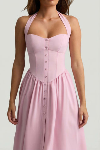 Button Detail Halterneck Midi Dress