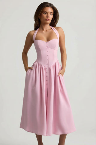 Button Detail Halterneck Midi Dress