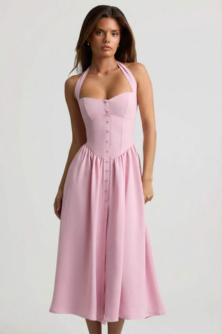 Button Detail Halterneck Midi Dress