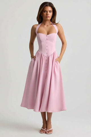 Button Detail Halterneck Midi Dress