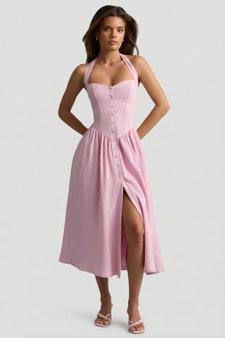 Button Detail Halterneck Midi Dress