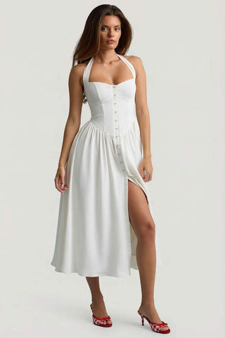 Button Detail Halterneck Midi Dress