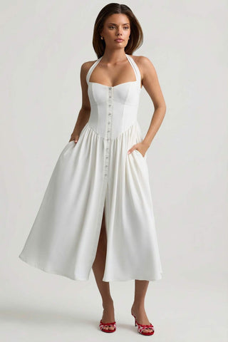 Button Detail Halterneck Midi Dress