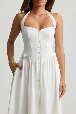 Button Detail Halterneck Midi Dress