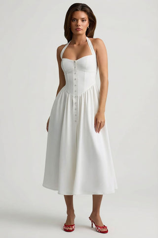 Button Detail Halterneck Midi Dress