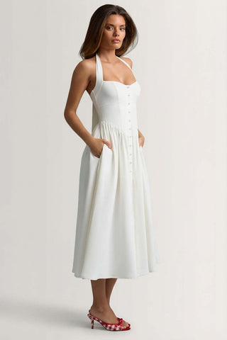 Button Detail Halterneck Midi Dress