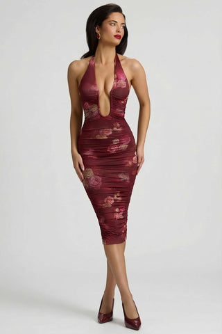Ruched Plunge Halterneck Midi Dress