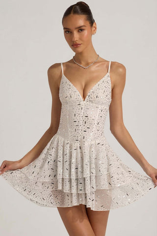 Embellished Ruffled Tiered Mini Dress