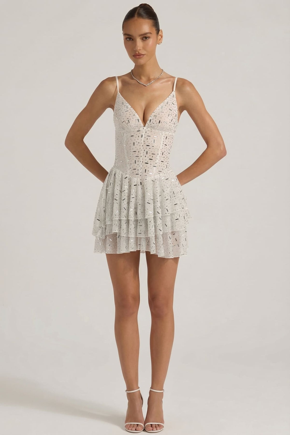 Embellished Ruffled Tiered Mini Dress