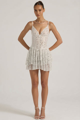 Embellished Ruffled Tiered Mini Dress
