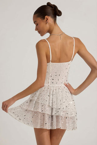 Embellished Ruffled Tiered Mini Dress