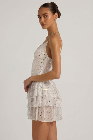 Embellished Ruffled Tiered Mini Dress