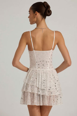 Embellished Ruffled Tiered Mini Dress