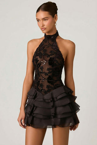 Embellished Floral Halterneck Mini Dress