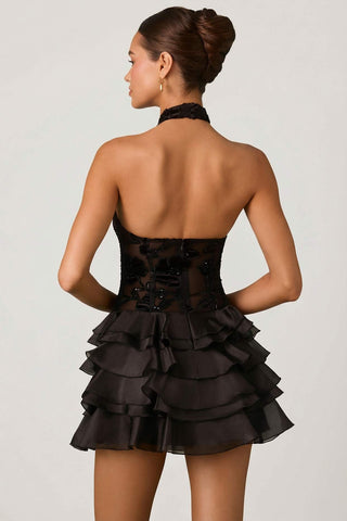 Embellished Floral Halterneck Mini Dress