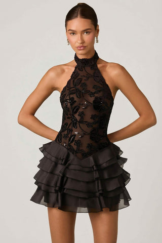 Embellished Floral Halterneck Mini Dress