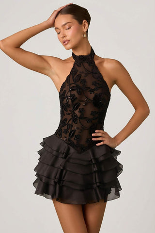 Embellished Floral Halterneck Mini Dress