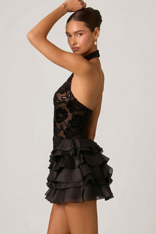 Embellished Floral Halterneck Mini Dress