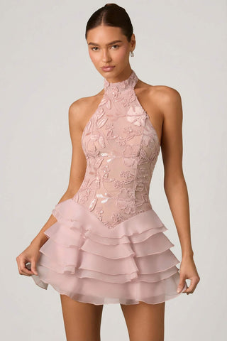 Embellished Ruffle Halter Dress