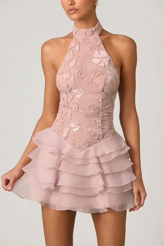 Embellished Ruffle Halter Dress