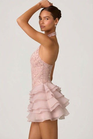 Embellished Ruffle Halter Dress