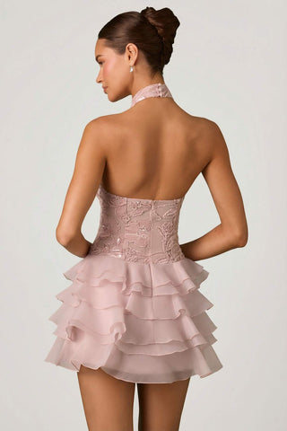 Embellished Ruffle Halter Dress