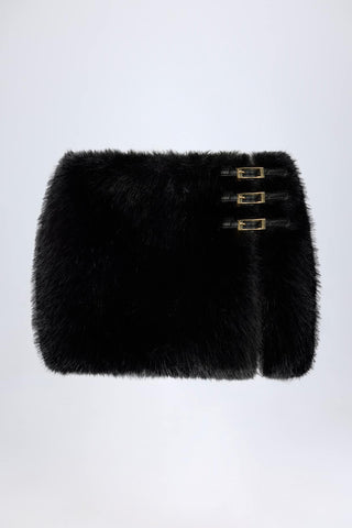 Fluffy Faux Fur Buckle Mini Skirt