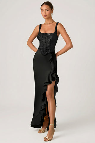Embellished Corset Gown with Ruffle Trim