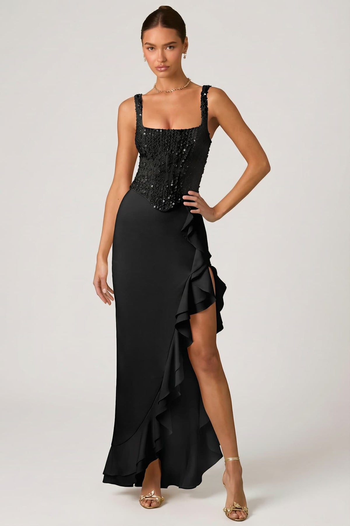 Embellished Corset Gown with Ruffle Trim