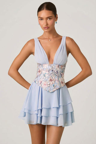 Floral Corset Mini Dress with Tiered Skirt