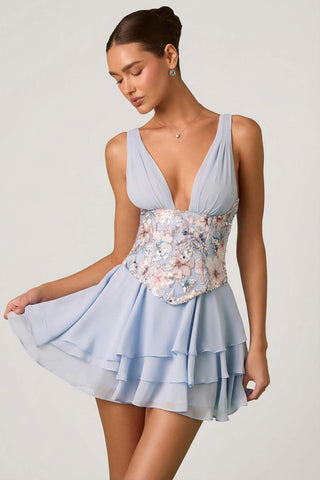 Floral Corset Mini Dress with Tiered Skirt