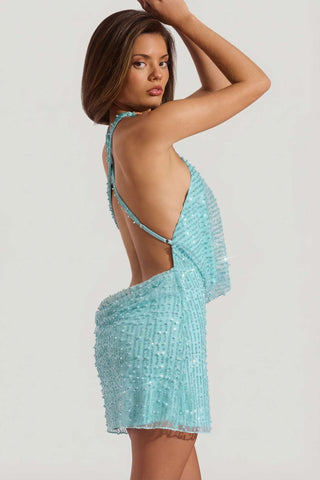Embellished Cowl Neck Backless Mini Dress