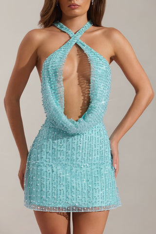 Embellished Cowl Neck Backless Mini Dress