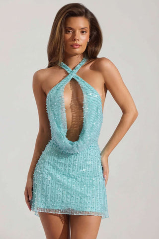 Embellished Cowl Neck Backless Mini Dress