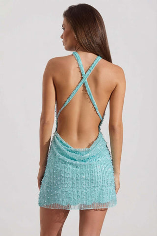 Embellished Cowl Neck Backless Mini Dress