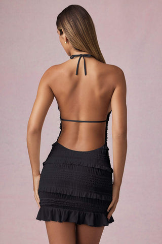 Ruffled Backless Halterneck Mini Dress