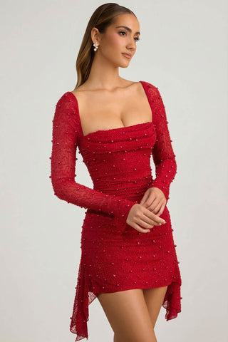 Embellished Cowl Neck Draped Mini Dress