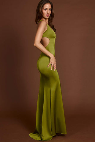 Satin Scoop Neck Lace Up Back Maxi Dress