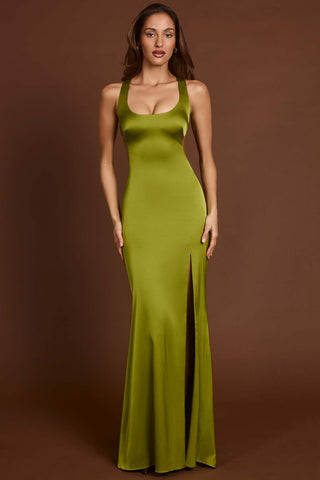 Satin Scoop Neck Lace Up Back Maxi Dress