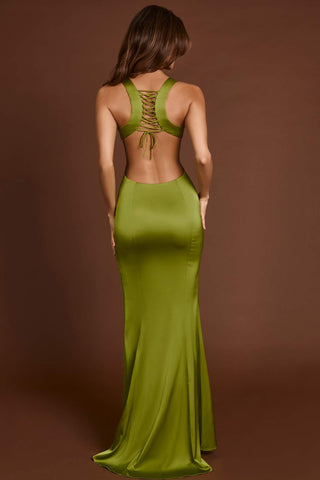 Satin Scoop Neck Lace Up Back Maxi Dress