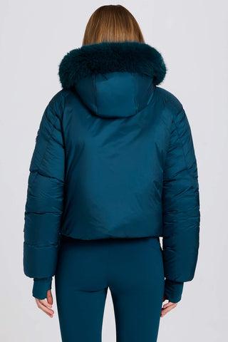 Teal Cropped Ski Jacket with Faux Fur Hood