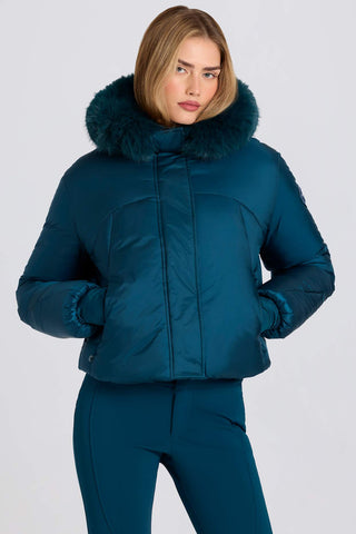 Teal Cropped Ski Jacket with Faux Fur Hood