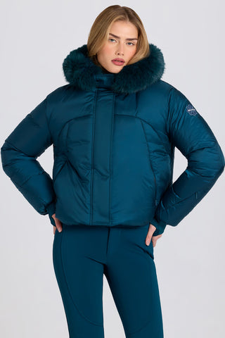 Teal Cropped Ski Jacket with Faux Fur Hood