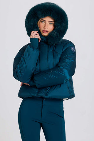 Teal Cropped Ski Jacket with Faux Fur Hood